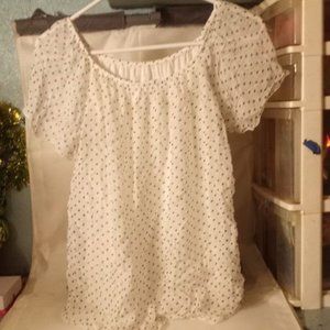 Luisa Ricci White and Tan Polka Dot Sheer Short Sleeve Silk Top